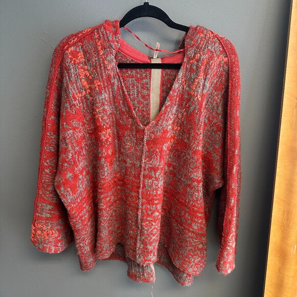Free People Sweaters - Free People Raggy Hoodie Sweater Womens Sz Medium Red Oversized Boho V-Neck Top